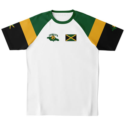 Front of white Jamaica soccer jersey with green and gold raglan shoulders, chest flag and island map.