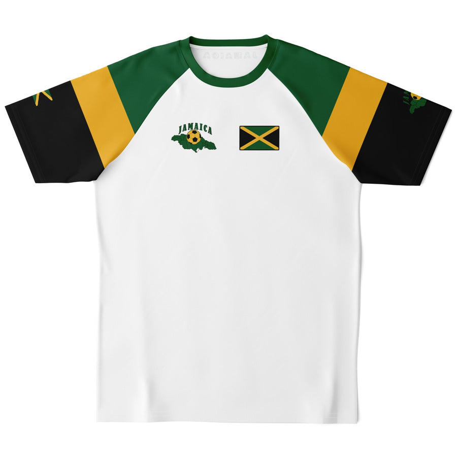 Front of white Jamaica soccer jersey with green and gold raglan shoulders, chest flag and island map.