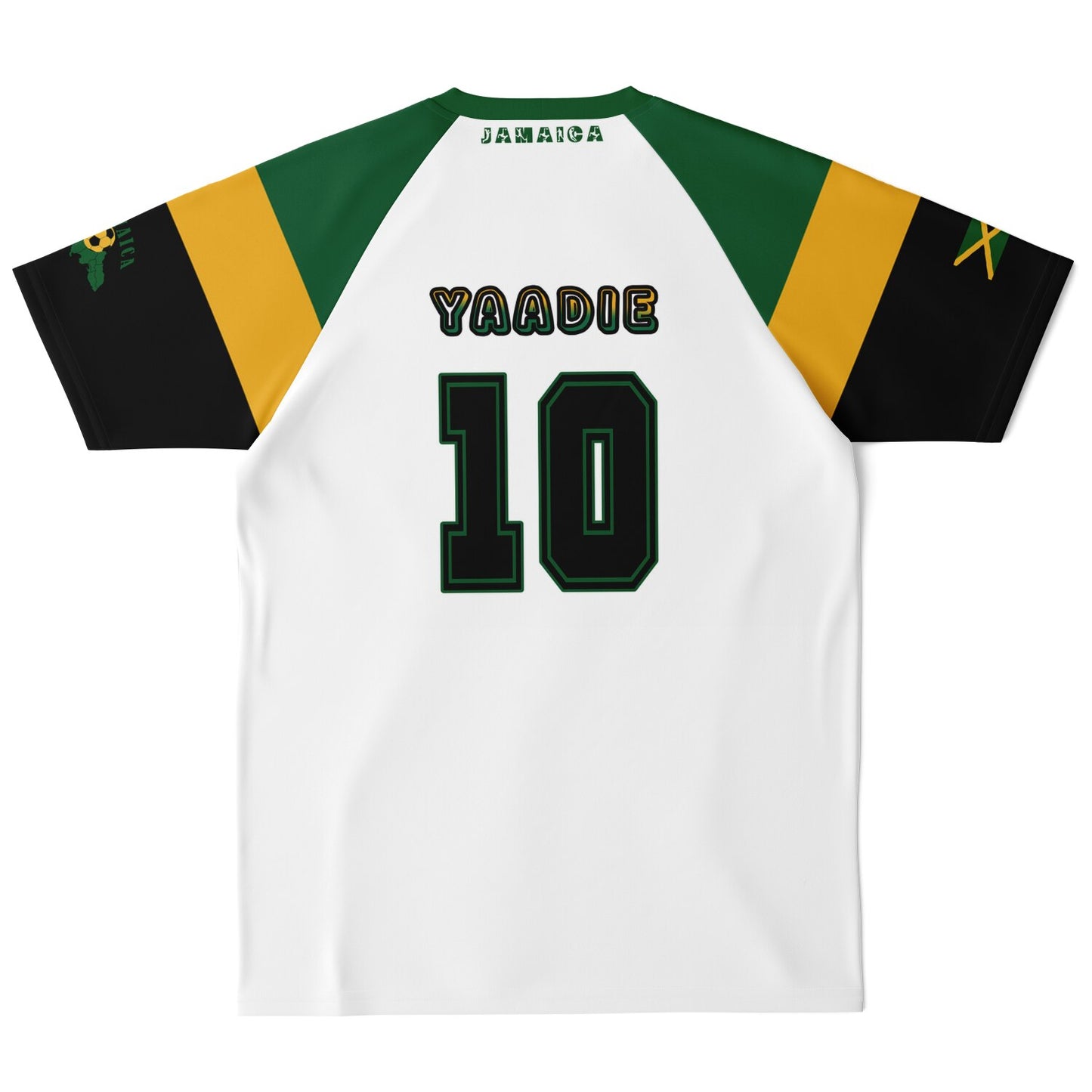 Back of the white Jamaica jersey showing Yaadie and number 10 with no map graphic below.
