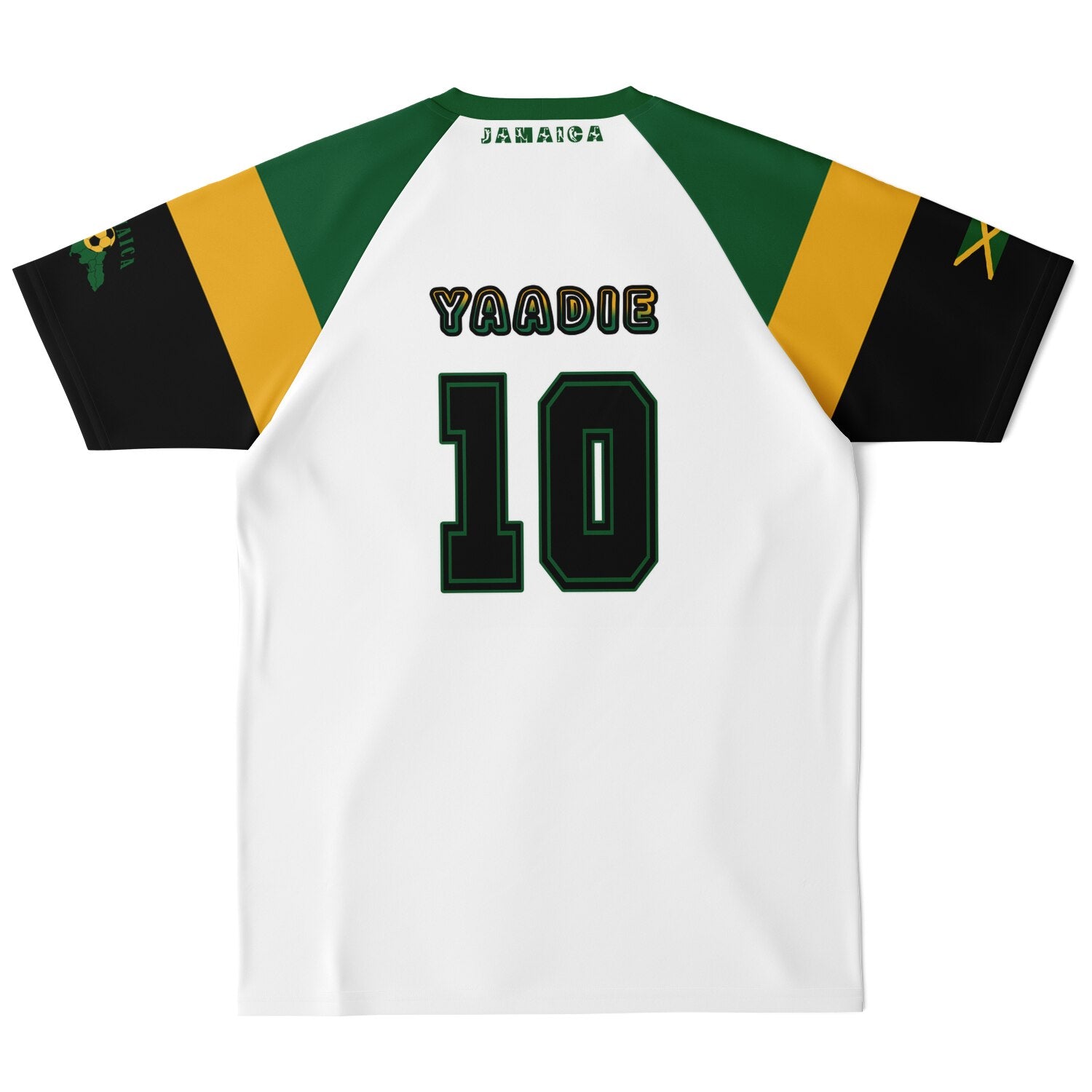 Back of the white Jamaica jersey showing Yaadie and number 10 with no map graphic below.