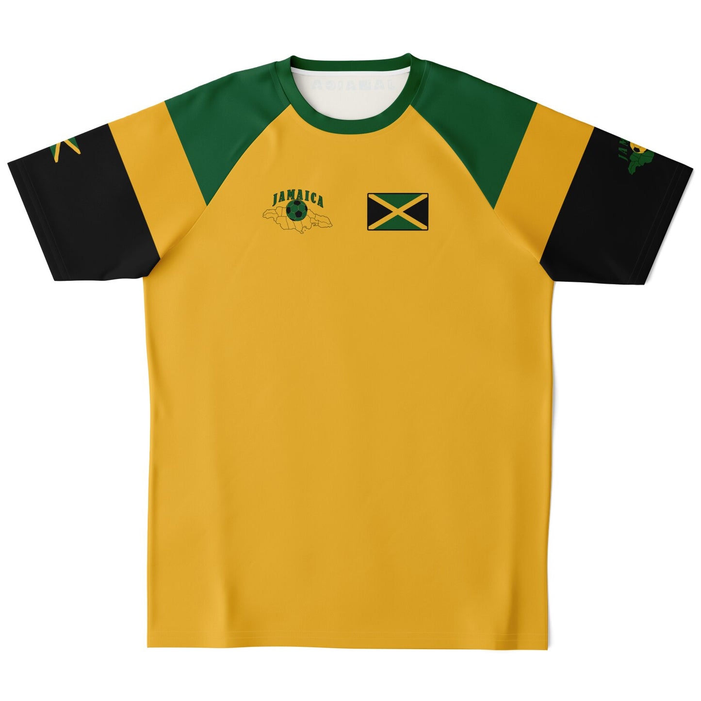 Front of gold Jamaica soccer jersey with green shoulders, black sleeves, chest flag and island map print.