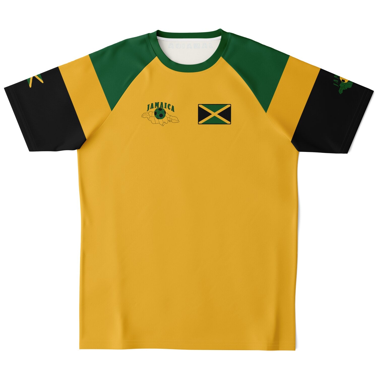 Front of gold Jamaica soccer jersey with green shoulders, black sleeves, chest flag and island map print.