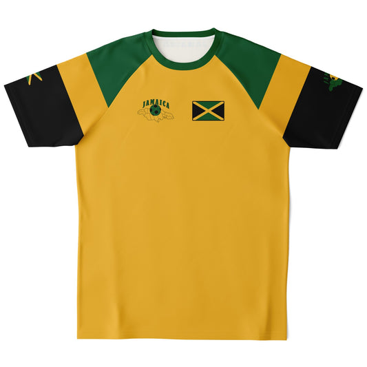 Front of gold Jamaica soccer jersey with green shoulders, black sleeves, chest flag and island map print.