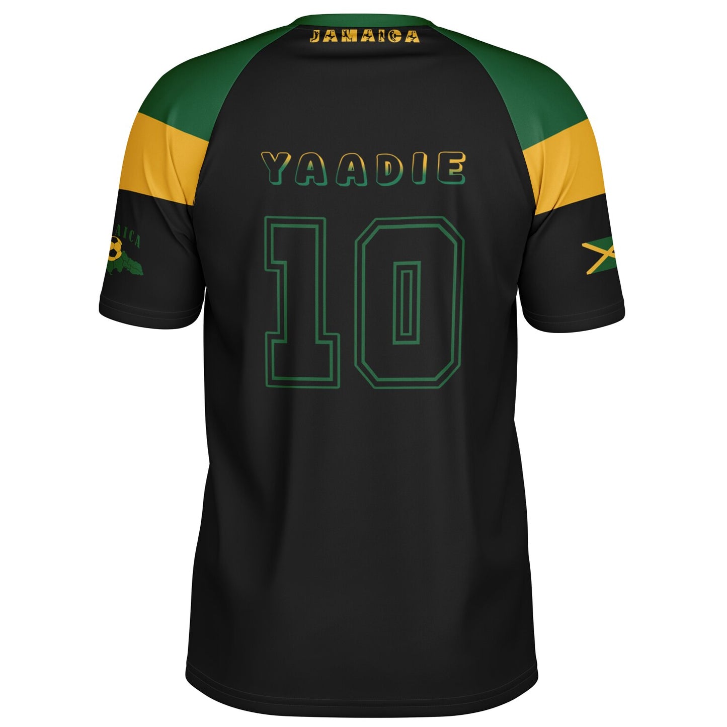 Back view showing the Jamaica collar wordmark above the outlined Yaadie name and number 10.
