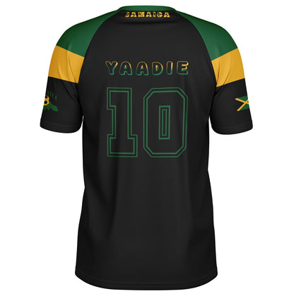 Back view showing the Jamaica collar wordmark above the outlined Yaadie name and number 10.