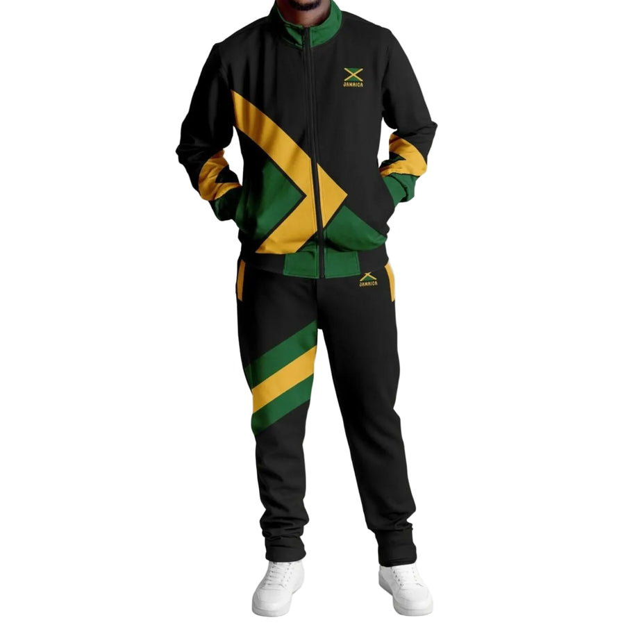 A person wearing a Jamaica tracksuit, which consists of black and green color blocks with a yellow stripe, and a hood with a visor.