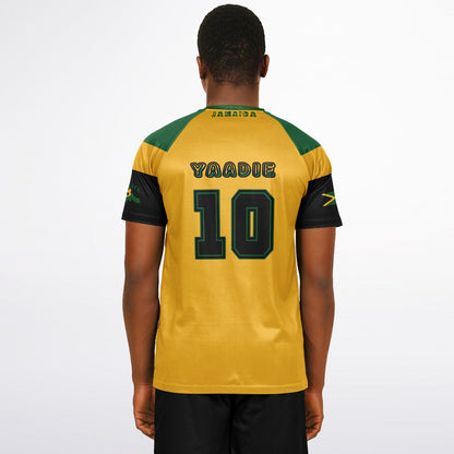 Back view on model showing the clean gold back panel with Yaadie and number 10 printing.