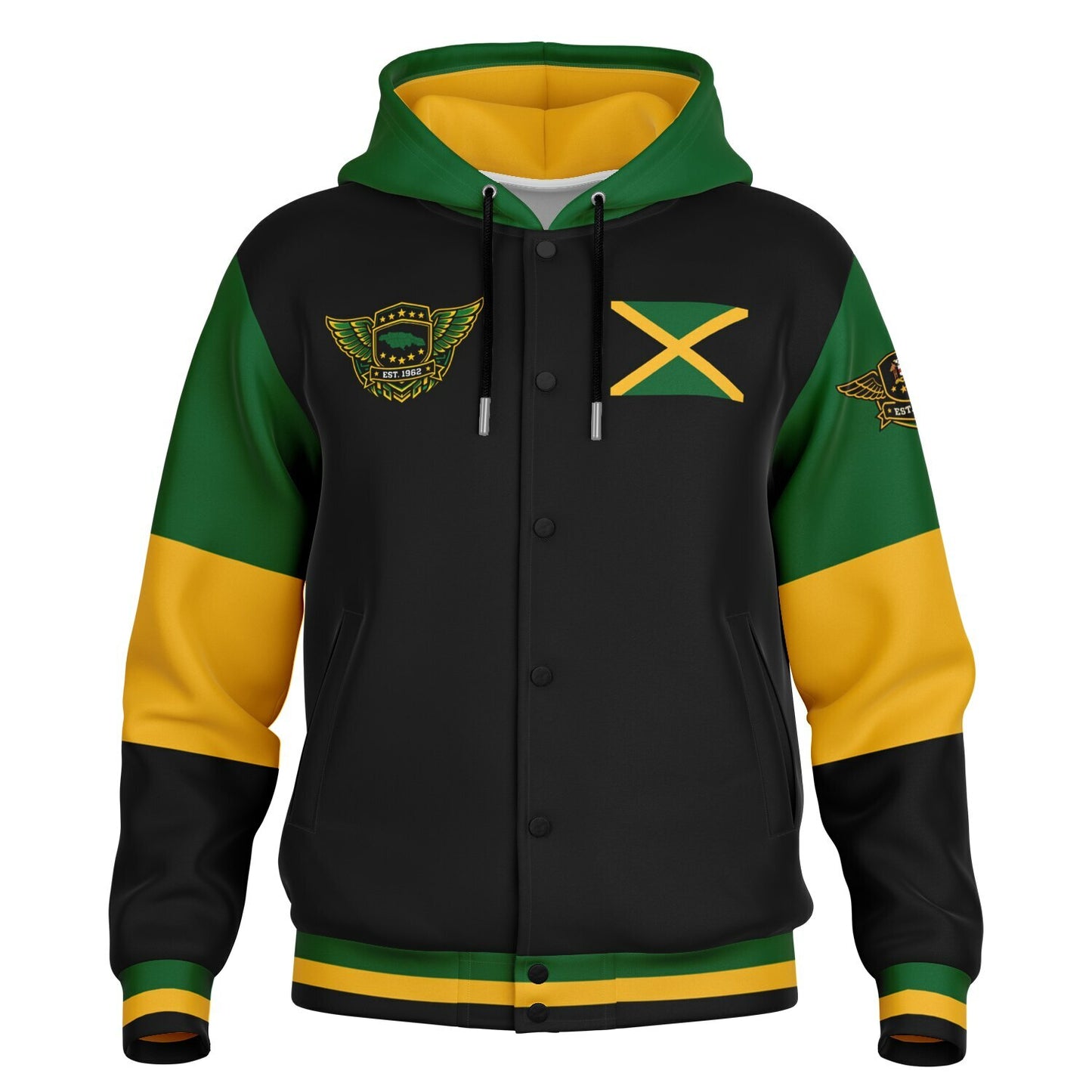 Jamaica Crest Lion Hooded Baseball Jacket