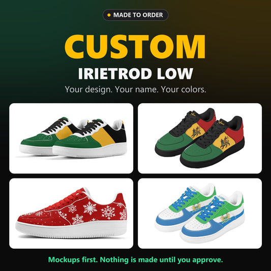 Custom IrieTrod Low sneakers made to order, shown in four example designs: Jamaica, Rasta lion, Christmas snowflakes and blue and green