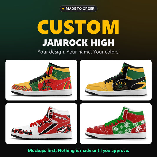 Custom Jamrock High sneakers made to order, shown in four example designs: Rasta, Jamaica, Trinidad and Christmas