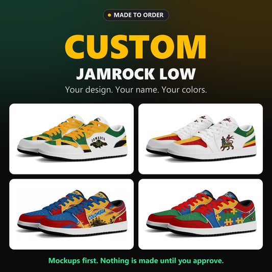 Custom Jamrock Low sneakers made to order, shown in four example designs: Jamaica, Rasta lion, Colombia and an awareness puzzle print