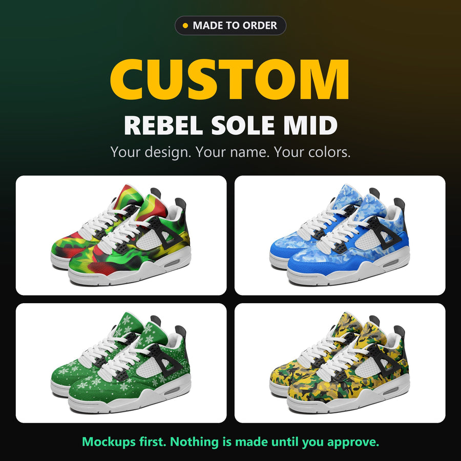 Custom Rebel Sole mid top sneakers made to order, shown in four example designs: Rasta tie-dye, blue tie-dye, green snowflakes and yellow camo