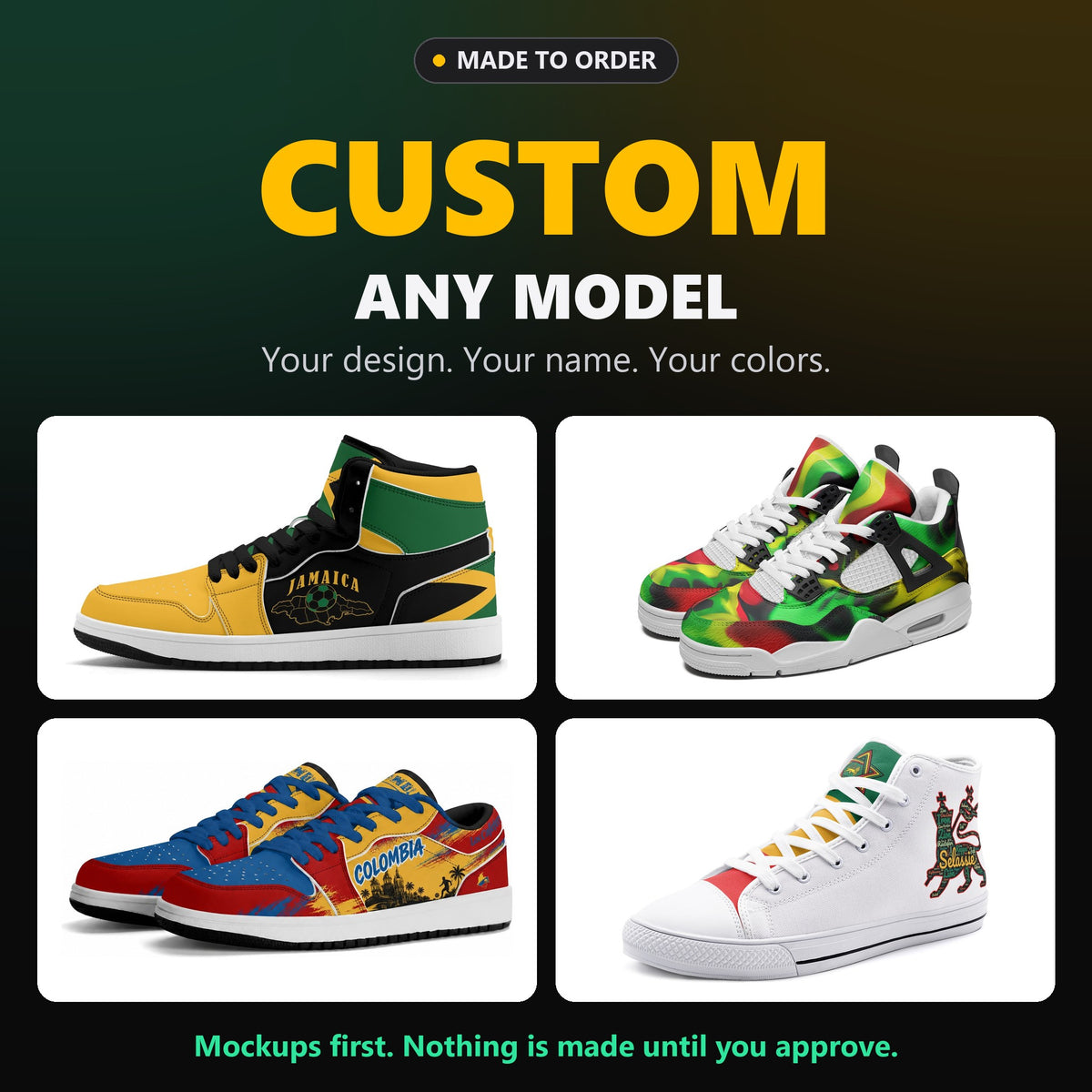 Custom sneakers on any model, made to order, shown on four of our shoes: Jamrock High, Rebel Sole, Jamrock Low and TrenchTown High