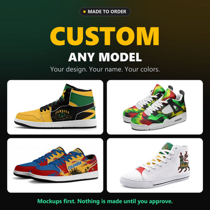 Custom sneakers on any model, made to order, shown on four of our shoes: Jamrock High, Rebel Sole, Jamrock Low and TrenchTown High