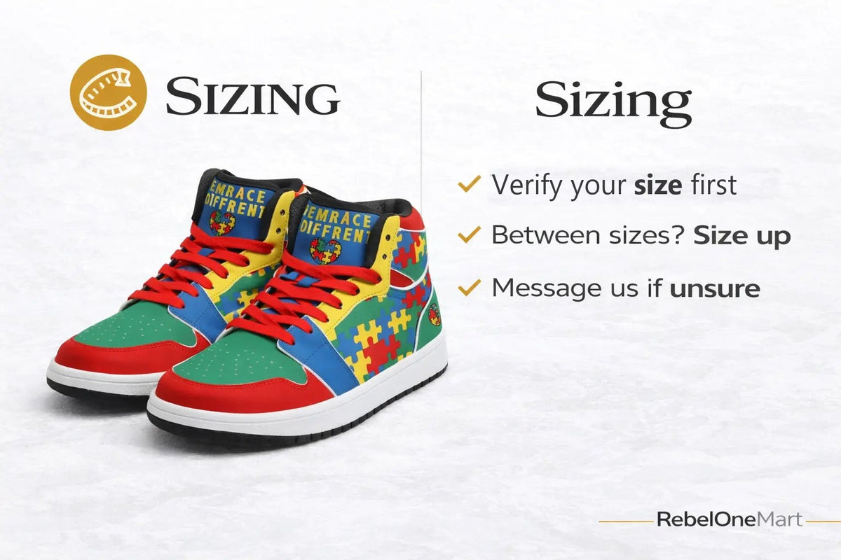Sizing tips for custom sneakers: verify your size first, between sizes size up, and message us if unsure