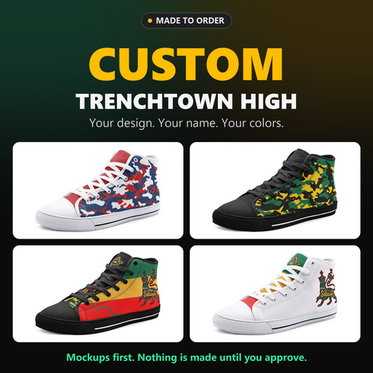 Custom TrenchTown High canvas sneakers made to order, shown in four example designs: red white and blue camo, Jamaica camo and two Rasta lion pairs