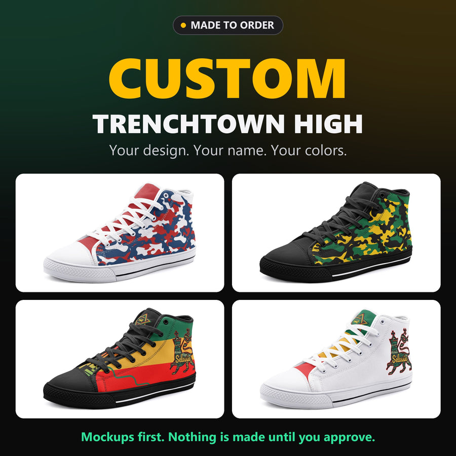 Custom TrenchTown High canvas sneakers made to order, shown in four example designs: red white and blue camo, Jamaica camo and two Rasta lion pairs