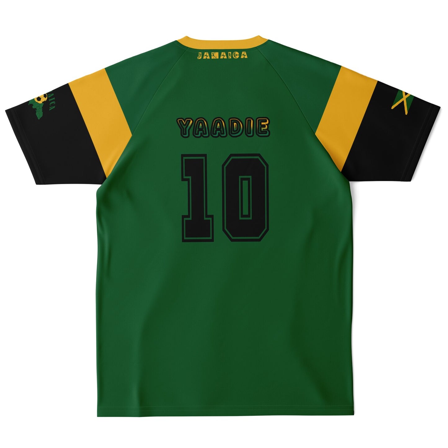 Plain back of green Jamaica jersey showing Yaadie and number 10 with no map graphic beneath.
