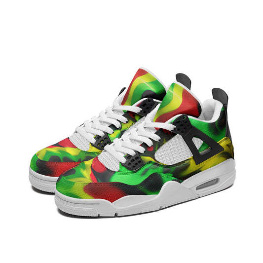 Rasta Mens Shoes, Womens Rasta Shoes, Jamaican Colors Shoes on a white background as a product image.