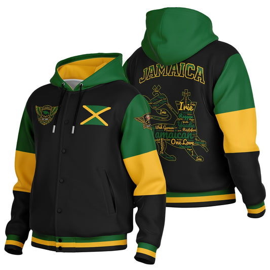 Jamaica Crest Lion Hooded Baseball Jacket