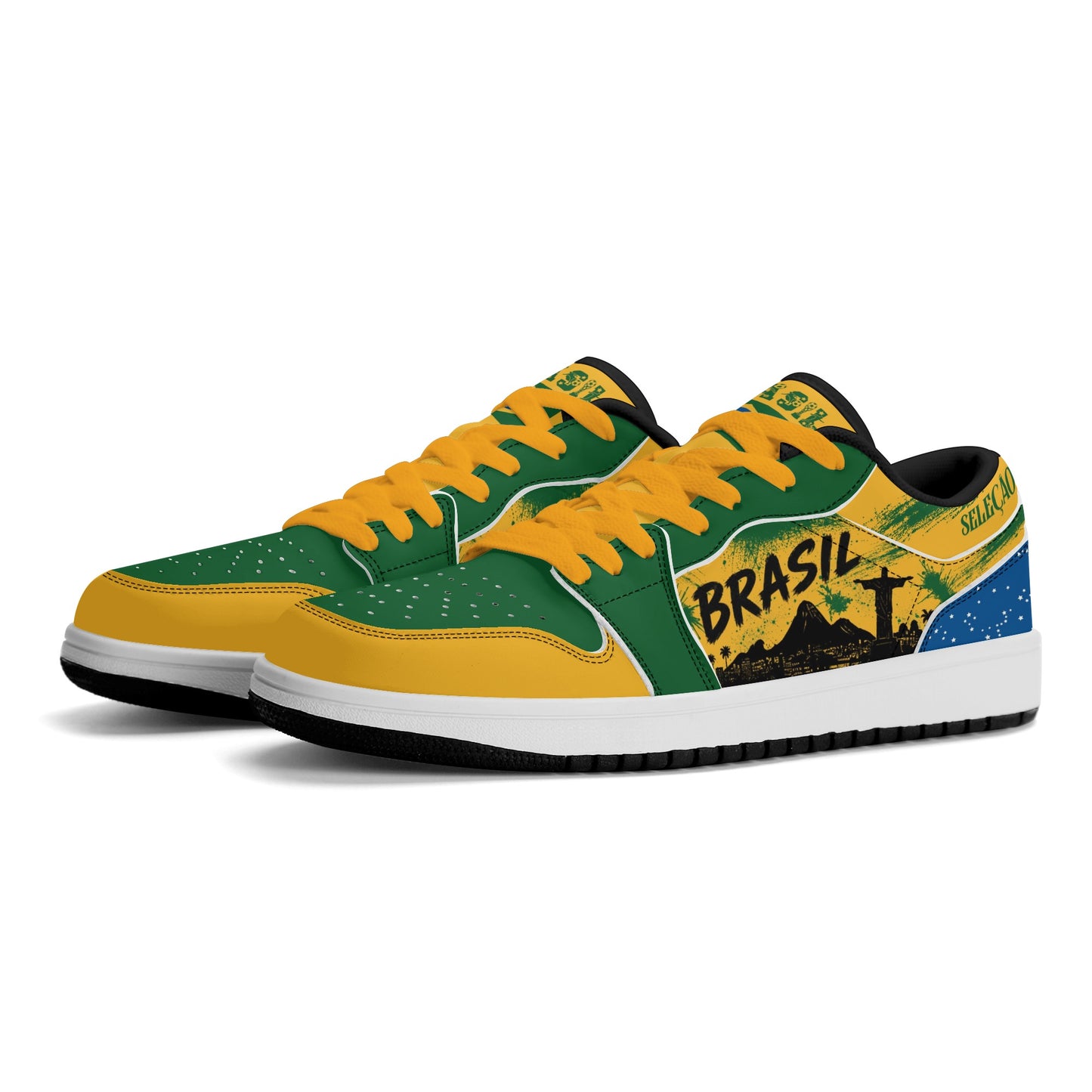 Brasil soccer flag Jamrock Low sneakers with green yellow blue and white design, yellow laces, Brasil text, Selecao details, Christ the Redeemer artwork, and skyline accents