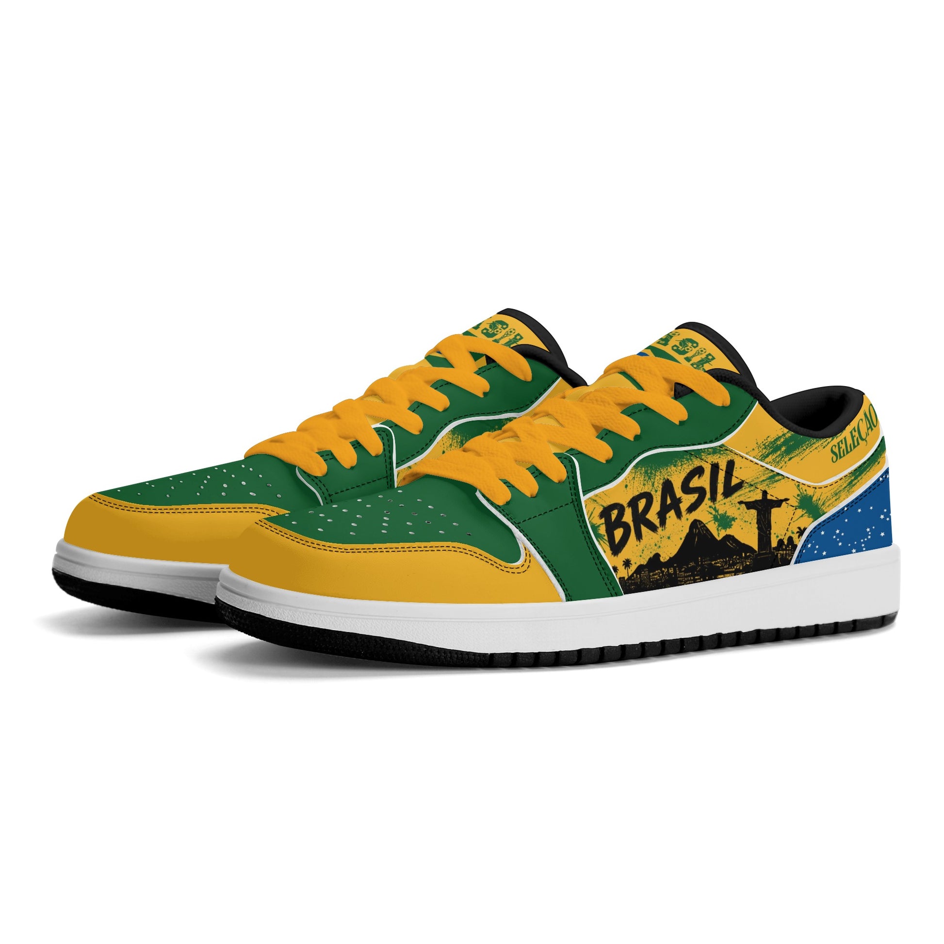 Brasil soccer flag Jamrock Low sneakers with green yellow blue and white design, yellow laces, Brasil text, Selecao details, Christ the Redeemer artwork, and skyline accents