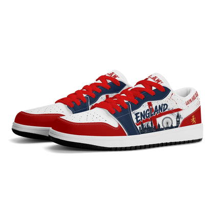 England soccer flag Jamrock Low sneakers with red white and navy design, red laces, England text, London skyline artwork, St George cross details, and Lion Heart accents