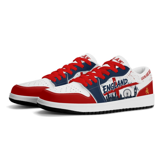 England soccer flag Jamrock Low sneakers with red white and navy design, red laces, England text, London skyline artwork, St George cross details, and Lion Heart accents