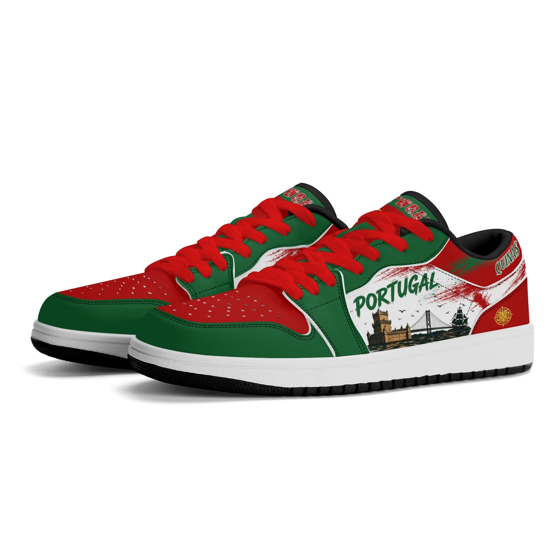Portugal soccer flag Jamrock Low sneakers with red green white and gold design, Portugal text, Quinas details, skyline artwork, bridge accents, and sailing ship artwork