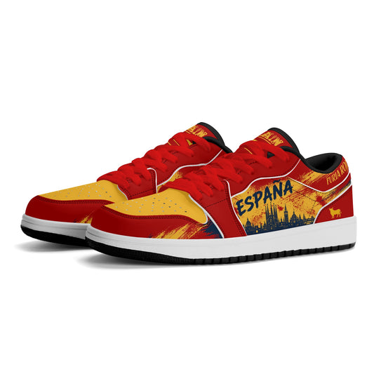 Spain soccer flag Jamrock Low sneakers with red yellow navy and white design, Espana text, Furia Roja details, skyline artwork, bull accent, and soccer fan styling