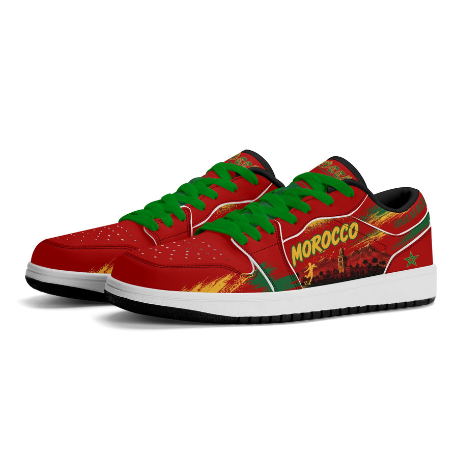 Morocco soccer flag Jamrock Low sneakers with red green gold black and white design, Morocco text, Dima Maghrib-inspired details, star accents, skyline artwork, and soccer fan styling