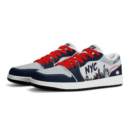 New York baseball-inspired Jamrock Low sneakers in navy and gray with red laces and white collar, angled pair view