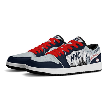 New York baseball-inspired Jamrock Low sneakers in navy and gray with red laces and black collar, angled pair view