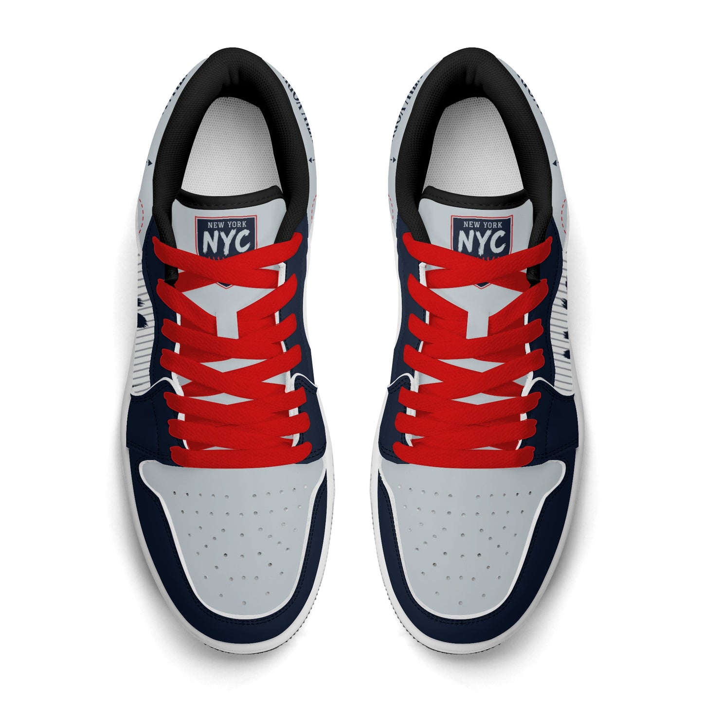 New York baseball-inspired Jamrock Low sneakers in navy and gray with red laces, top-down view with New York NYC tongue tag