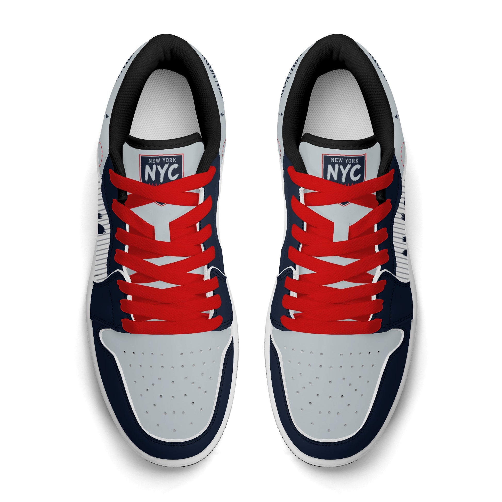 New York baseball-inspired Jamrock Low sneakers in navy and gray with red laces, top-down view with New York NYC tongue tag