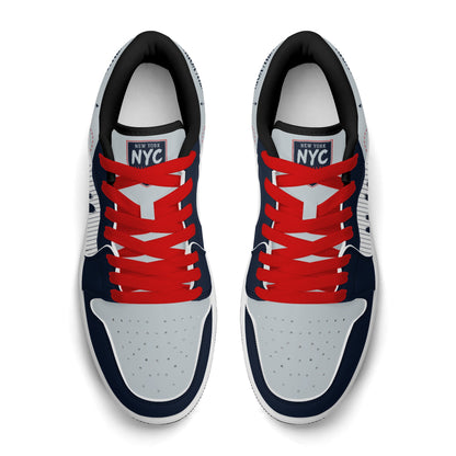 New York baseball-inspired Jamrock Low sneakers in navy and gray with red laces, top-down view with New York NYC tongue tag