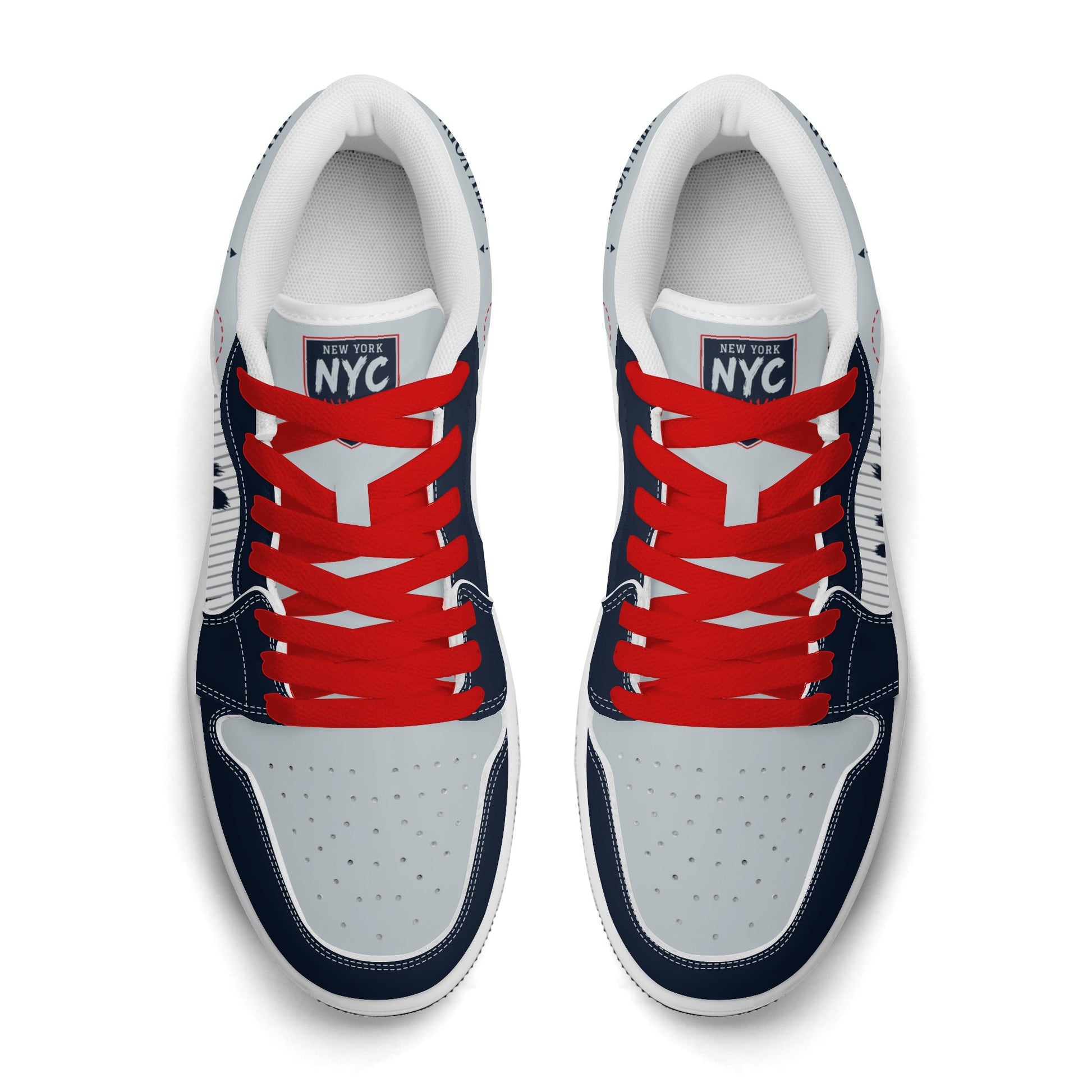 New York baseball-inspired Jamrock Low sneakers in navy and gray with red laces and white collar lining, top-down pair view