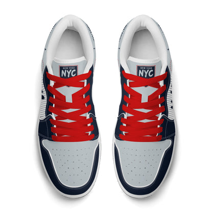 New York baseball-inspired Jamrock Low sneakers in navy and gray with red laces and white collar lining, top-down pair view