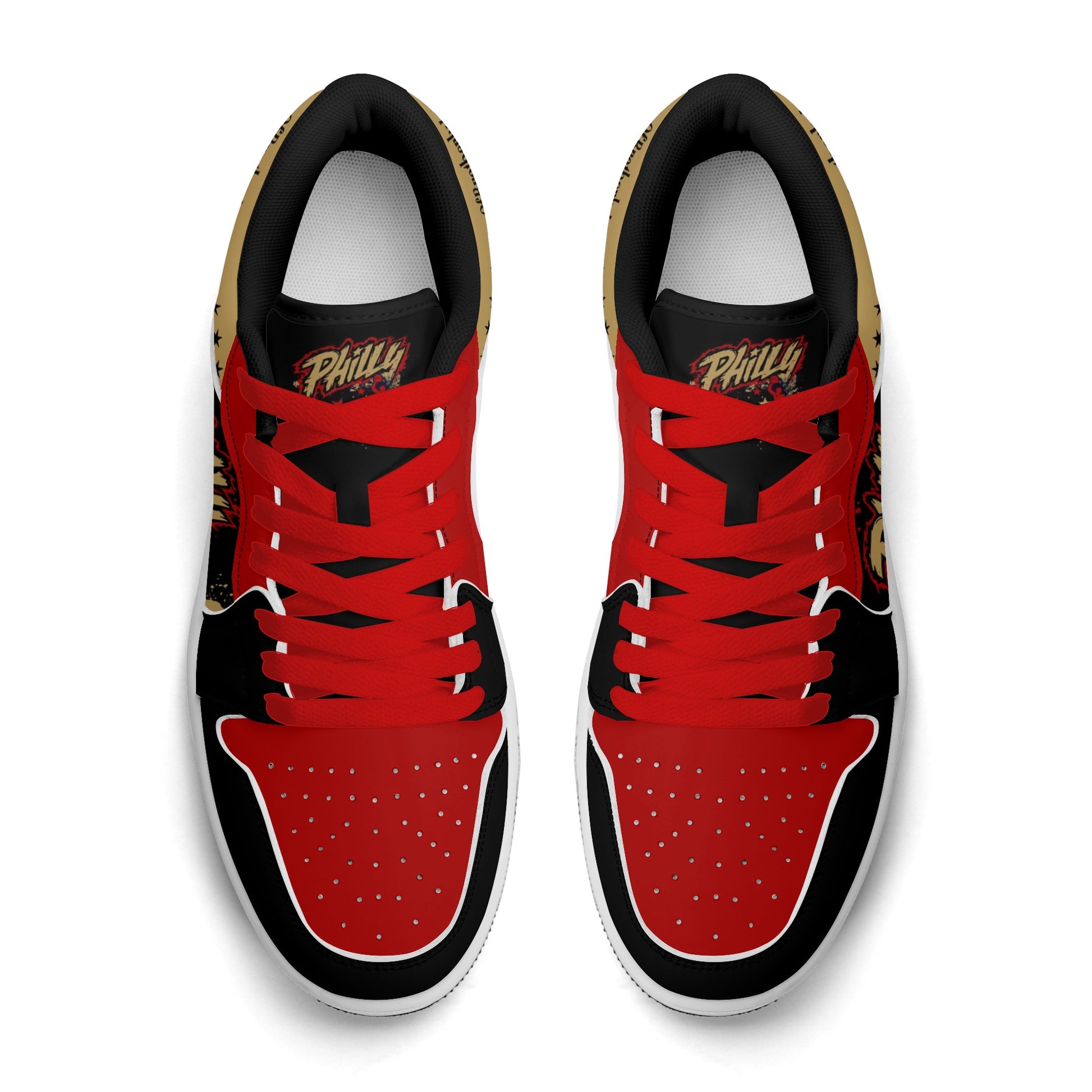 Philadelphia basketball-inspired Jamrock Low sneakers in black with red laces, top-down view of the pair