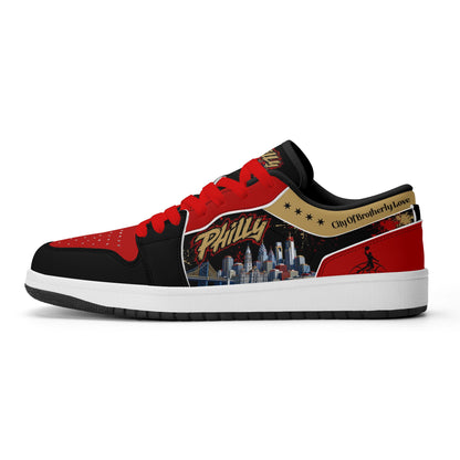Philadelphia basketball-inspired Jamrock Low sneaker in black with red laces, side view showing the Philly skyline print