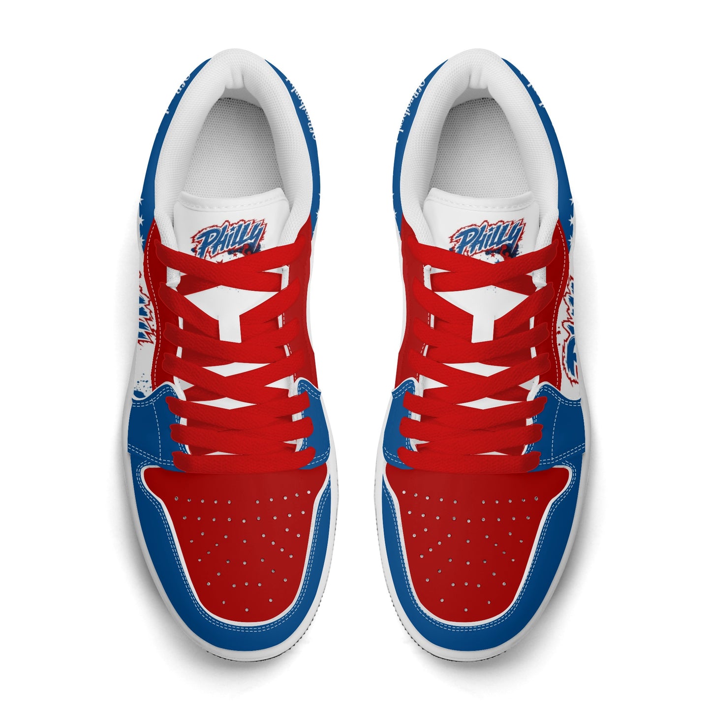 Philadelphia basketball-inspired Jamrock Low sneakers in red, white, and blue with red laces, top-down view of the pair