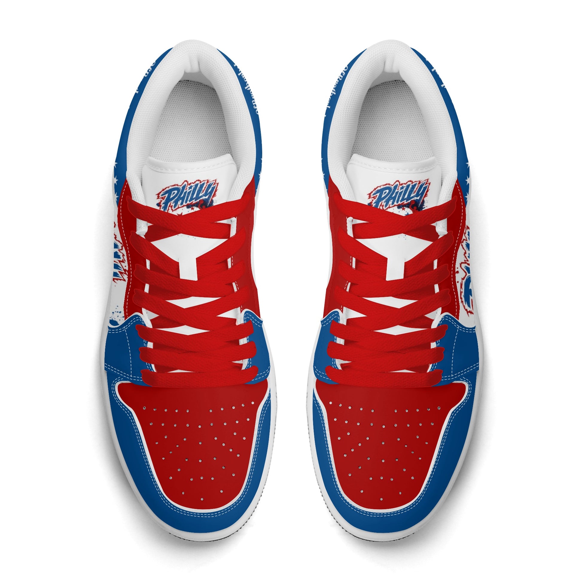 Philadelphia basketball-inspired Jamrock Low sneakers in red, white, and blue with red laces, top-down view of the pair