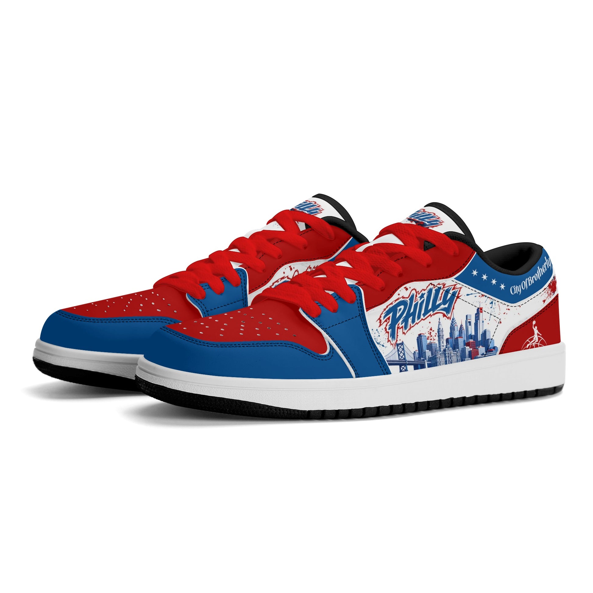 Philadelphia basketball-inspired Jamrock Low sneakers in red, white, and blue with red laces, angled pair view