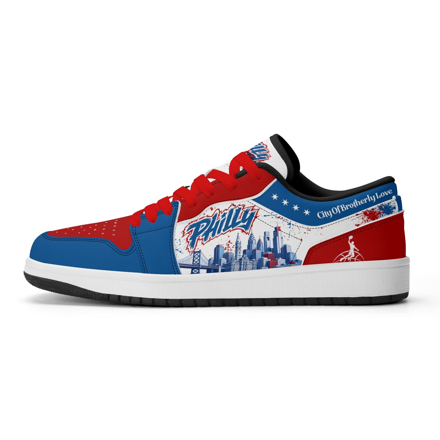 Philadelphia basketball-inspired Jamrock Low sneaker in red, white, and blue with red laces, side view with Philly skyline print