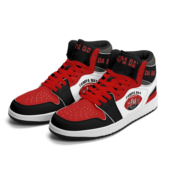 Tampa Bay football Jamrock High top sneakers in red, black and white with TAMPA BAY skyline badge