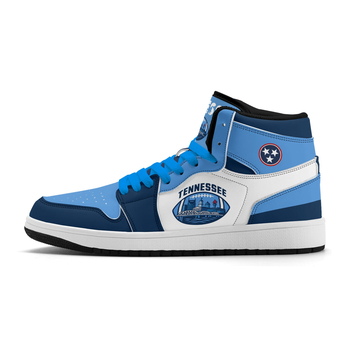 A high-top sneaker in Tennessee blue, white, and navy, featuring a white side stripe with 'TENNESSEE' and a bridge graphic, a light blue heel panel, and a black outsole.