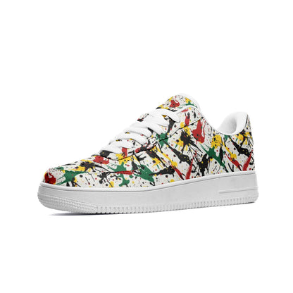 Paint Splatter Shoes Cheap for Men and Women, Rasta Colors Shoes For Sale, Rasta Colors Low Tops, Jamaica Colors Sneakers on a white background as a product image.