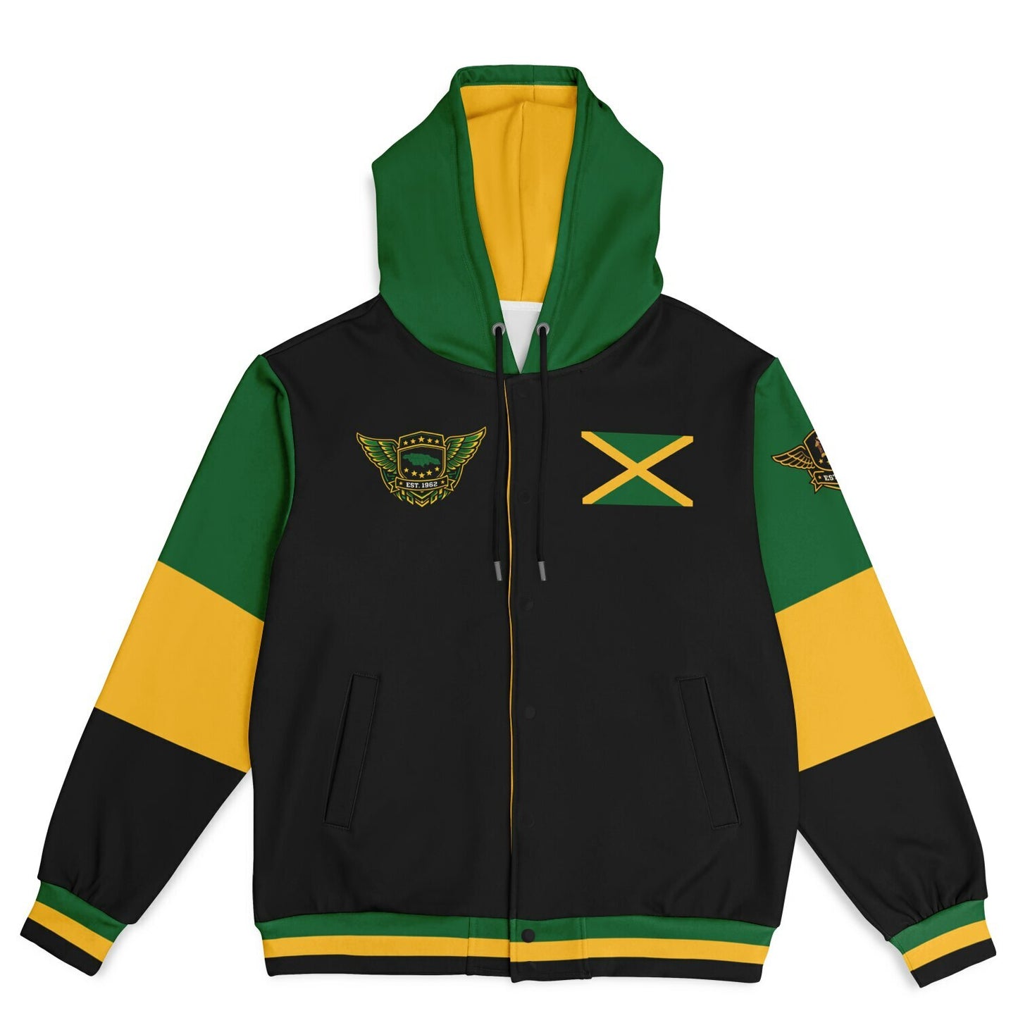 Jamaica Crest Lion Hooded Baseball Jacket