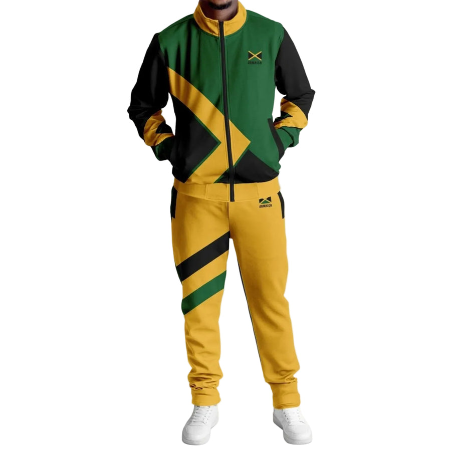 A person wearing a Jamaica tracksuit with green, yellow, and black colors, featuring a geometric pattern and a small 'X' on the chest.