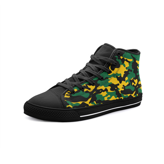 Jamaican color shoes with black, green, and gold design. Unisex Jamaican sneakers on a white background.